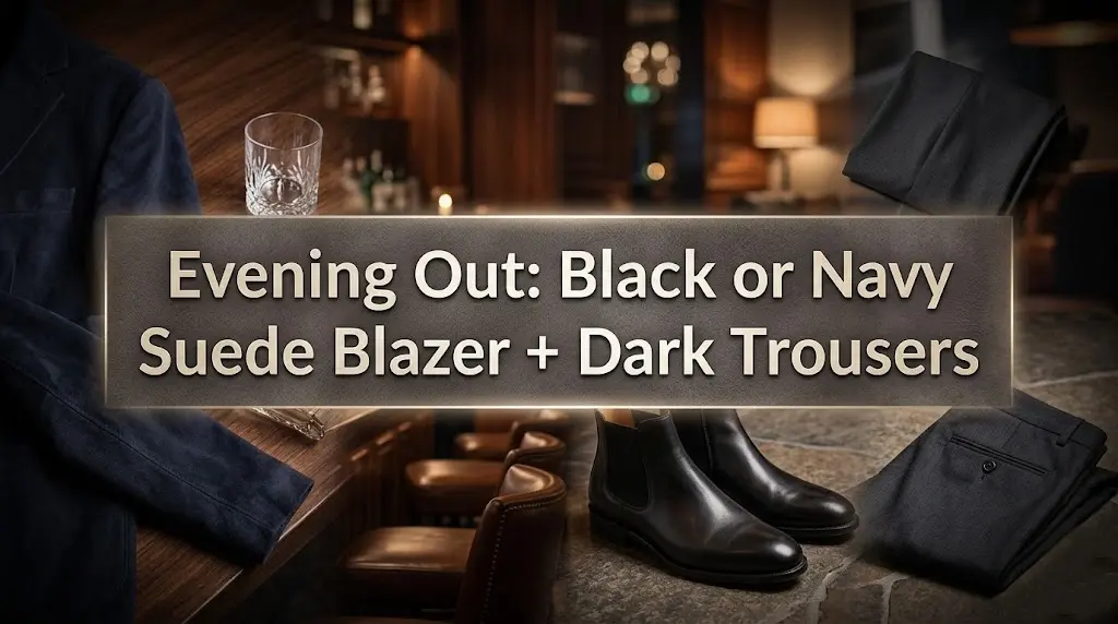 Evening Out: Black or Navy Suede Blazer + Dark Trousers