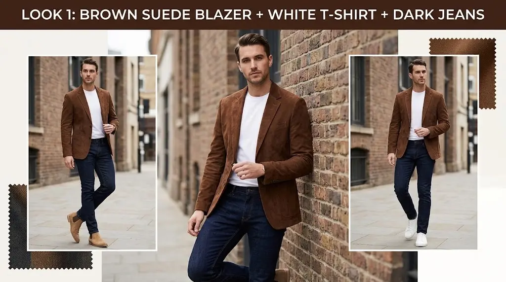 Look 1: Brown Suede Blazer + White T-Shirt + Dark Jeans