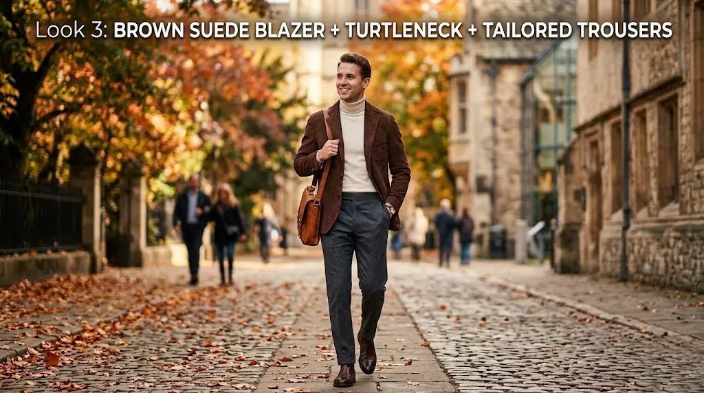 Look 3: Brown Suede Blazer + Turtleneck + Tailored Trousers