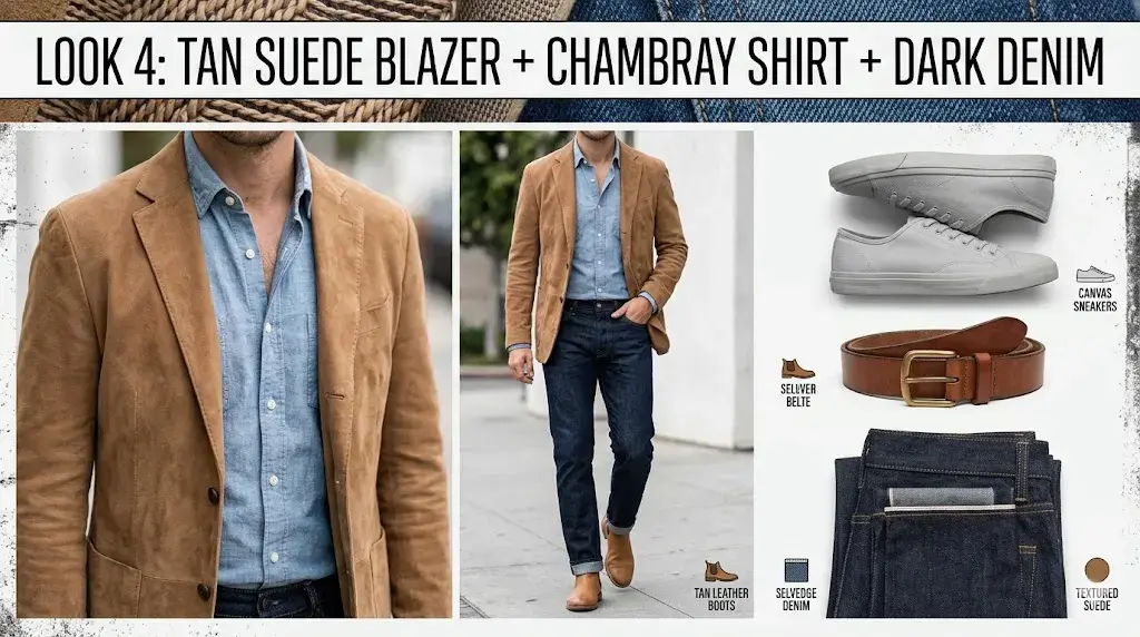 Look 4: Tan Suede Blazer + Chambray Shirt + Dark Denim