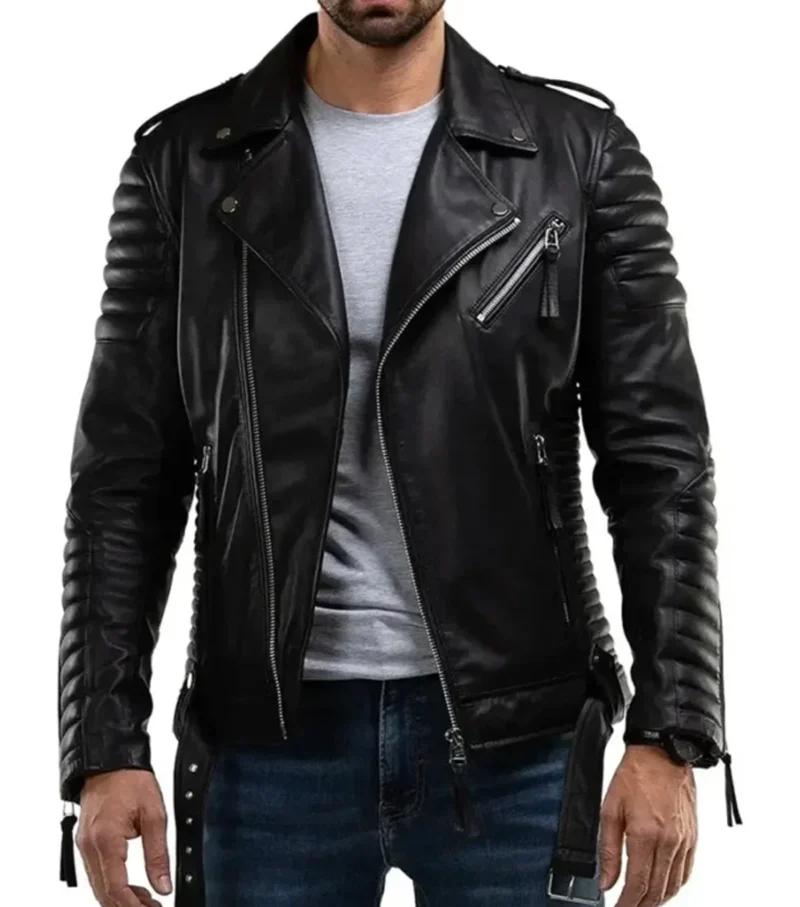 Men's Black Quilted Sleeve Leather Zipper Jacket